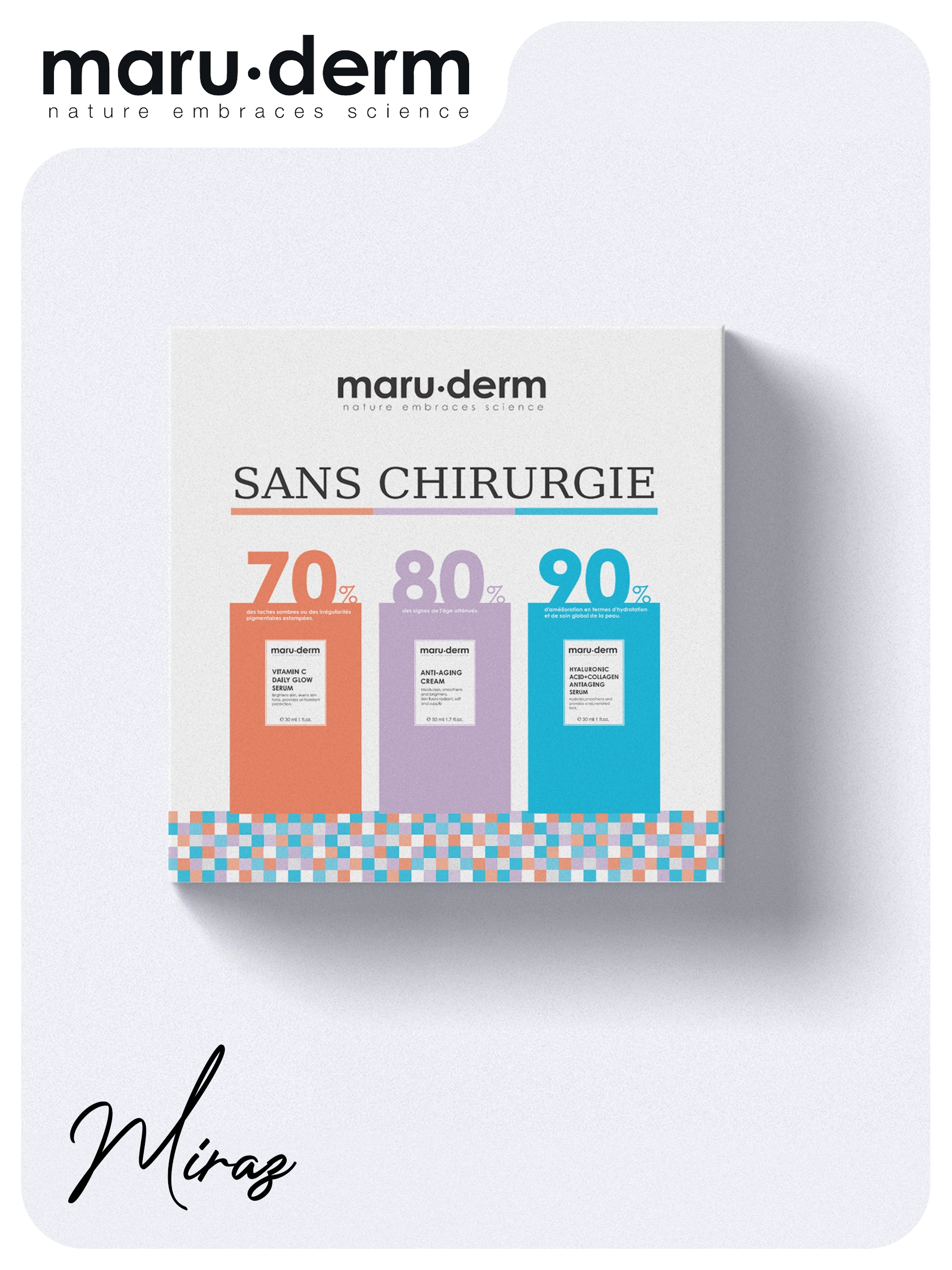 Marudermpack 3-step skincare set with cleanser, serum, and moisturizer for radiant and rejuvenated skin